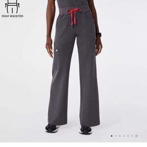 Figs Women's Wide Leg High waisted  Gray Pants with Red Drawstring -charcoal